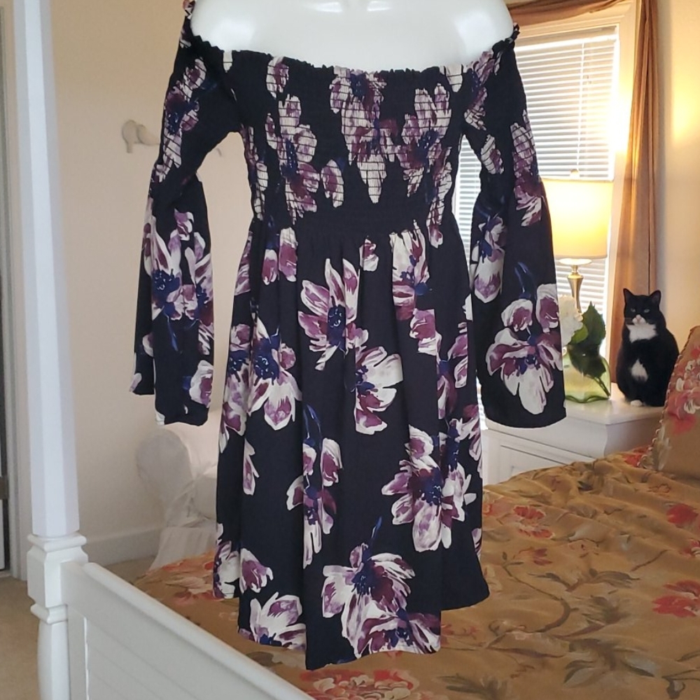 Smocked bodice off the shoulder baby doll dress